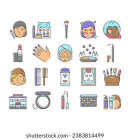 Makeup Cosmetology Procedure Icons Set Vector. Lipstick And Brush, Mascara And Powder Fashion Makeup Accessory, Eyebrow And Facial Cosmetic Line. Spa Salon Treatment Color Illustrations