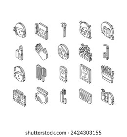 Makeup Cosmetology Procedure isometric icons set. Lipstick And Brush, Mascara And Powder Fashion Makeup Accessory, Eyebrow And Facial Cosmetic Line. Spa Salon Treatment Color