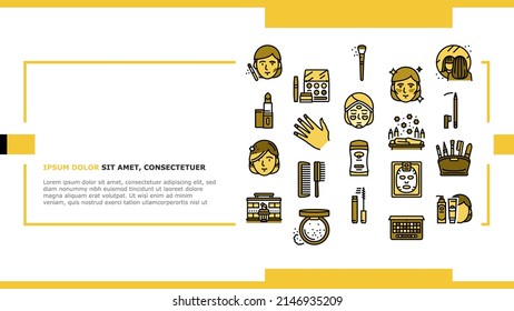 Makeup Cosmetology Procedure Landing Web Page Header Banner Template Vector. Lipstick And Brush, Mascara And Powder Fashion Makeup Accessory, Eyebrow Facial Cosmetic. Spa Salon Treatment Illustration