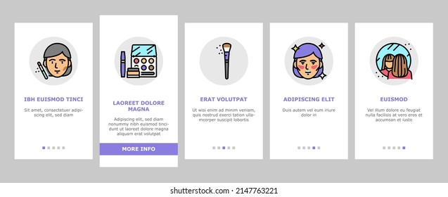 Makeup Cosmetology Procedure Onboarding Mobile App Page Screen Vector. Lipstick And Brush, Mascara And Powder Fashion Makeup Accessory, Eyebrow And Facial Cosmetic . Spa Salon Treatment Illustrations