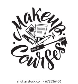 Makeup Courses Vector Logo. Cosmetics Illustration. Round Lettering illustration. 