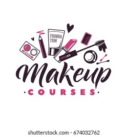 Makeup Courses Vector Logo. Illustration of cosmetics. Beautiful Lettering illustration.