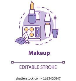 Makeup, decorative cosmetics concept icon. Lipstick, mascara and eye shadow, beauty products idea thin line illustration. Vector isolated outline RGB color drawing. Editable stroke