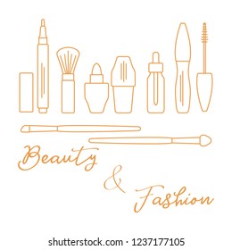 Makeup. Decorative cosmetics, cosmetic oil. Glamour fashion vogue style. Eyeliner, brushes, lipstick, cosmetic oil, applicator, mascara.