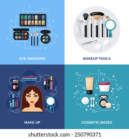 Makeup design concept set with eye shadows cosmetic bases and tools flat icons isolated vector illustration