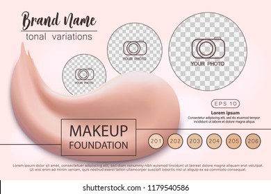 Makeup design flyer template for cosmetic artist, makeup studio or cosmetics shop. Site header, business card, brochure and flyer. Foundation smear, pastel colors