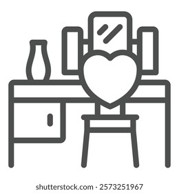 Makeup desk with chair line icon, house interior concept. Vector graphics. Dressing table with drawer and mirror, vase sign on white background, outline style icon for mobile or web design