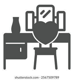 Makeup desk with chair solid icon, house interior concept. Vector graphics. Dressing table with drawer and mirror, vase sign on white background, glyph style icon for mobile or web design