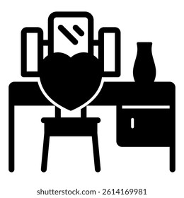 Makeup desk with chair solid icon, house interior concept. Vector graphics. Dressing table with drawer and mirror, vase sign on white background, glyph style mobile or design