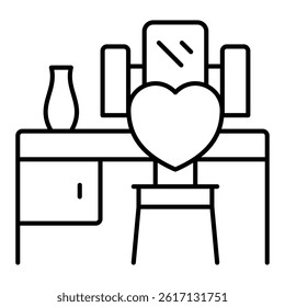 Makeup desk with chair thin line icon, house interior concept. Vector graphics. Dressing table with drawer and mirror, vase sign on white background, linear style for mobile or design