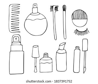 Makeup doodle icons collection in vector. Hand drawn makeup icons collections. Set of doodle cosmetics icons in vector. Hand drawn icons of pomade, powder, mirror, pomade, makeup brush, nail polish