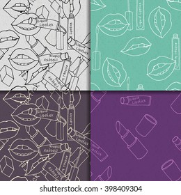 Makeup doodle seamless pattern set with lipstick and lips. Four  backgrounds, beauty fashion
