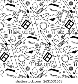 Makeup elements closeup Seamless pattern. Vector graphic line illustration. Black and white cosmetic makeup art. Cartoon background, texture for bedsheets, pajamas, wrapping papers.
