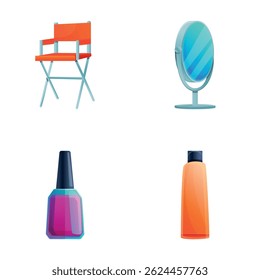 Makeup equipment icons set cartoon vector. Furniture and makeup cosmetic. Interior detail, accessory