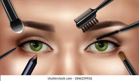 Makeup eye realistic composition with closeup view of female upper face with eyebrows and applicator brushes vector illustration