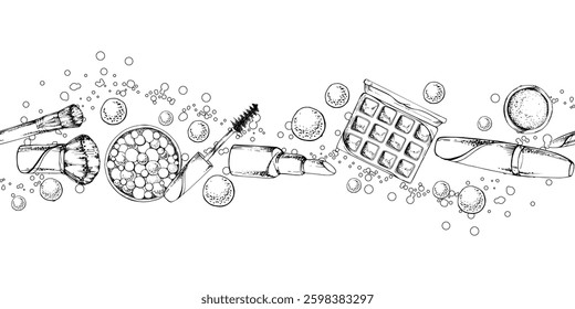 Make-up eye shadow powder lipstick palette box, crayon pencil contour, mascara. Isolated seamless banner, ink hand drawn line vector sketch. Beauty parlor salon illustration, packaging, cosmetics shop