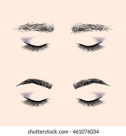 Makeup eyebrows. Set of well-groomed and shaggy eyebrows. Before and after the care. Closed eyes with long eyelashes. Vector illustration