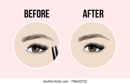 Makeup eyebrows. Set of well-groomed and shaggy eyebrows with tweezers. Before and after the care. Beauty open eye with long eyelashes and skin. Vector illustration on pink background.