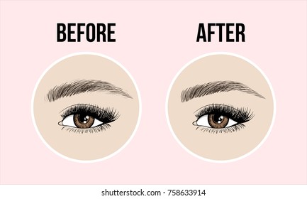 Makeup eyebrows. Set of well-groomed and shaggy eyebrows. Before and after the care. Beauty open eye with long eyelashes and skin. Vector illustration on pink background.