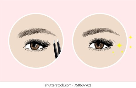 Makeup eyebrows. Set of well-groomed and shaggy eyebrows with tweezers. Before and after the care. Beauty open eye with long eyelashes and skin. Vector illustration on pink background.