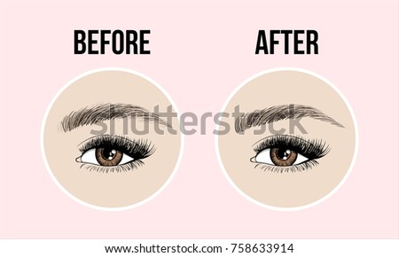 Makeup eyebrows. Set of well-groomed and shaggy eyebrows. Before and after the care. Beauty open eye with long eyelashes and skin. Vector illustration on pink background.