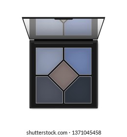 Make-up eyeshadow blue toned palette. Dramatic cobalt shade color eye shadow kit. Open black makeup container with mirror - top view, vector template.