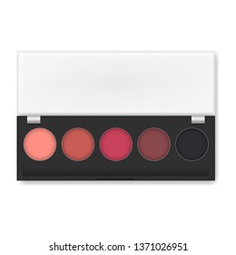 Make-up eyeshadow kit palette. Open black makeup container with clear lid, vector template.