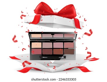 Paleta o kit de brillo de los ojos dentro de una caja de regalo abierta, aislada en fondo blanco. Caja de regalo blanca con artículos cosméticos. Presente, Regalo, concepto sorpresa. Ilustración vectorial realista 3D