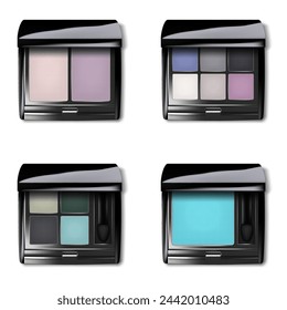 Make-up eyeshadow palette. Realistic vector set. Open color makeup eye shadow kit square case packaging. Easy to recolor