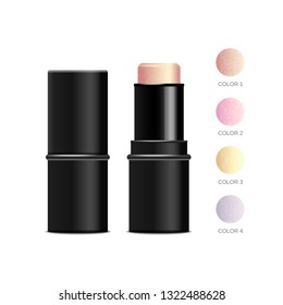 Makeup face cream highlighter and strobing blush stick. 3d realistic vector black plastic cosmetic case isolated on white background with color swatches.  Mockup for branding and ads.