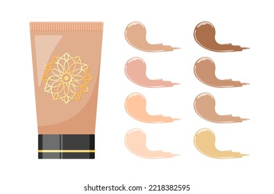 Makeup Face Foundation Palette Set. Vector Illustrations Of Tube And Smears Of Cream Cosmetic Product. Cartoon Chart With Samples Of Different Human Skin Tones Isolated On White. Fashion Concept