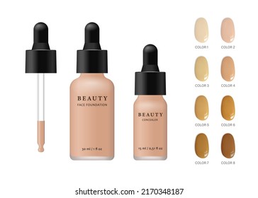 Makeup face foundation realistic matt bottle with dropper, plastic black cap. Cosmetic product template, small and large tube. Skin color swatches. Mock up isolated vector illustration.