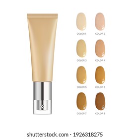 Makeup face foundation realistic silicon bottle with dropper, silver cap. Blank Cosmetics template. Set of skin color swatches. Mock up vector illustration isolated on white background.