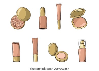 Makeup face foundation set. Sketch of Skincare cosmetics tubes, Glass bottle with pump and Powder palette. Containers for BB cream. Hand drawn cartoon Vector illustration isolated on white background.