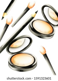 Makeup face powder with brushes and eye black color crayon. Watercolor cosmetics vector
