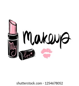 Makeup fashion logo. Lettering illustration. Calligraphy phrase for gift cards, decorative cards, beauty blogs. Vector hand drawn lettering phrase. Hand written ink inscription.