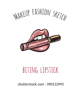 Makeup fashion sketch: biting lipstick. Glossy and shine glamour fashion sketch in vogue style. Isolated fashion art element with two inscription around. Simple greeting card or flyer.