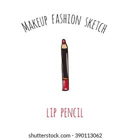 Makeup fashion sketch: lip pencil. Glossy and shine glamour fashion sketch in vogue style. Isolated fashion art element with two inscription around. Simple greeting card or flyer.
