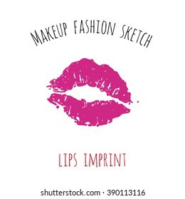 Makeup fashion sketch: lips imprint. Glossy and shine glamour fashion sketch in vogue style. Isolated fashion art element with two inscription around. Simple greeting card or flyer.