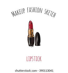 Makeup fashion sketch: lipstick. Glossy and shine glamour fashion sketch in vogue style. Isolated fashion art element with two inscription around. Simple greeting card or flyer.