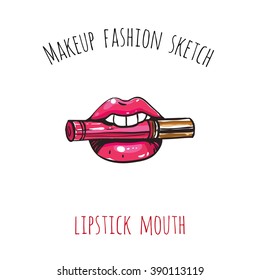 Makeup fashion sketch: lipstick mouth. Glossy and shine glamour fashion sketch in vogue style. Isolated fashion art element with two inscription around. Simple greeting card or flyer.