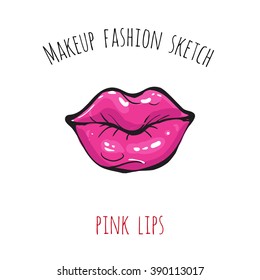 Makeup fashion sketch: pink lips. Glossy and shine glamour fashion sketch in vogue style. Isolated fashion art element with two inscription around. Simple greeting card or flyer.