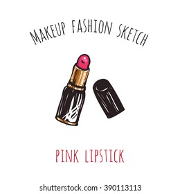 Makeup fashion sketch: pink lipstick. Glossy and shine glamour fashion sketch in vogue style. Isolated fashion art element with two inscription around. Simple greeting card or flyer.
