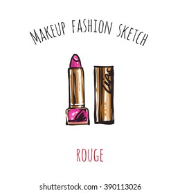 Makeup fashion sketch: rouge. Glossy and shine glamour fashion sketch in vogue style. Isolated fashion art element with two inscription around. Simple greeting card or flyer.