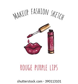 Makeup fashion sketch: rouge purple lips. Glossy and shine glamour fashion sketch in vogue style. Isolated fashion art element with two inscription around. Simple greeting card or flyer.