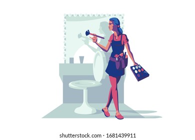 Make-up female specialist vector illustration. Cute visagiste standing in makeup room with big illuminated mirror flat style concept. Woman holding maquillage brush and palette of shadows