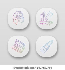 Makeup, feminine hygiene app icons set. UI/UX user interface. Skin care attributes, cosmetic accessories. Web or mobile applications. Vector isolated illustrations. Eyeshadow, face mask, lipstick