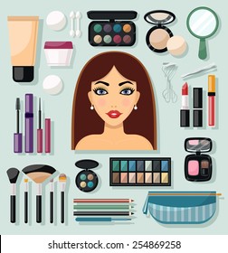 Make-up flat decorative icons set with woman face and beauty accessories isolated vector illustration