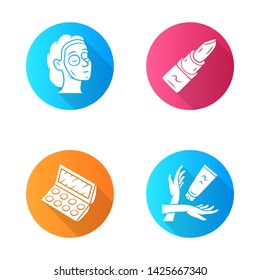 Makeup flat design long shadow glyph icons set. Skin care attributes, cosmetic accessories. Beauty salon products vector silhouette illustrations. Face mask, hand cream, eyeshadow palette, lipstick