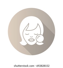 Makeup flat design long shadow glyph icon. Woman's face with makeup sponge. Cosmetic removing. Vector silhouette illustration